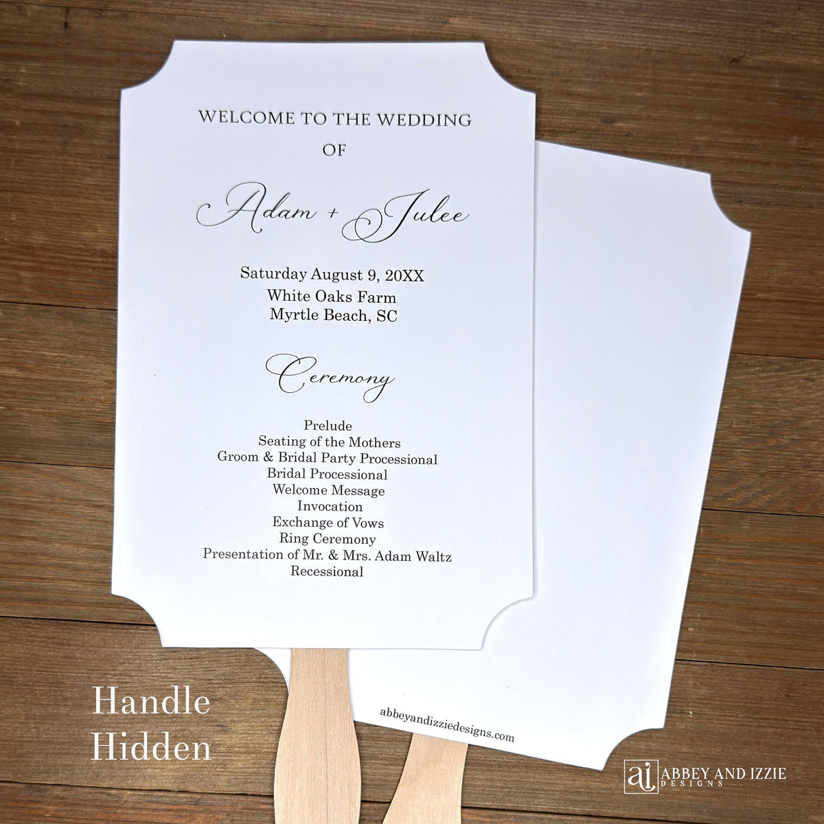 Personalized Wedding Fans Assembled that will add a touch of elegance to your wedding day.  Printed on white cardstock.  Two sided with handle hidden between, printing on one side only.  Shipped assembled and ready for your special day.