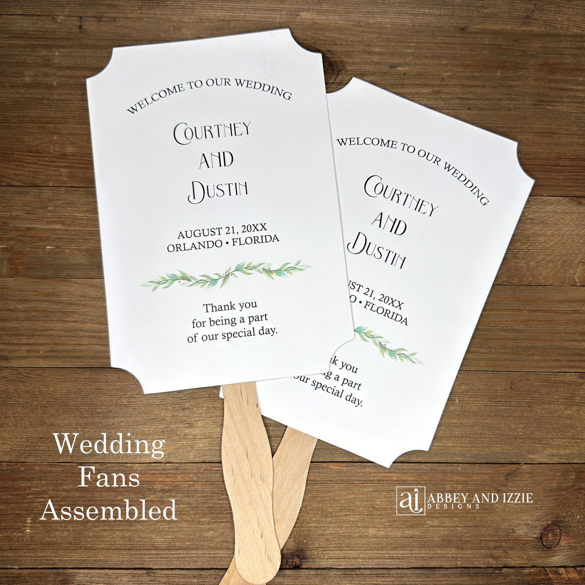 Religious wedding fans that are personalized, printed on white card stock and shipped fully assembled. Front side welcomes your guests with the bride and groom, wedding date and place. Back side is printed with 1 Corinthians 13:4-8 Love is patient.