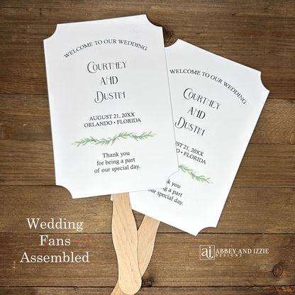 Religious wedding fans that are personalized, printed on white card stock and shipped fully assembled. Front side welcomes your guests with the bride and groom, wedding date and place. Back side is printed with 1 Corinthians 13:4-8 Love is patient.