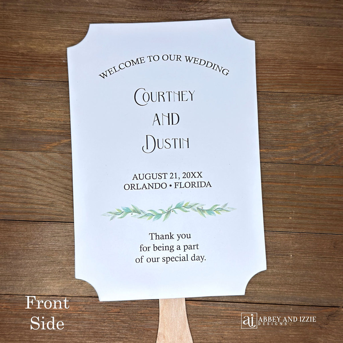 Religious wedding fans that are personalized, printed on white card stock and shipped fully assembled. Front side welcomes your guests with the bride and groom, wedding date and place. Back side is printed with 1 Corinthians 13:4-8 Love is patient.