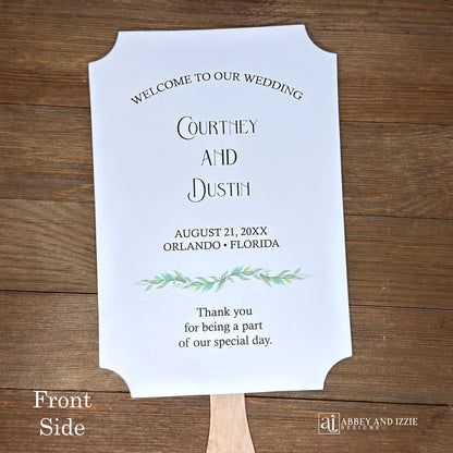 Religious wedding fans that are personalized, printed on white card stock and shipped fully assembled. Front side welcomes your guests with the bride and groom, wedding date and place. Back side is printed with 1 Corinthians 13:4-8 Love is patient.