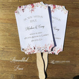 Mocha wedding fans, printed on white card stock with mocha flowers flowing from the top and bottom.  Personalized fans for you day.