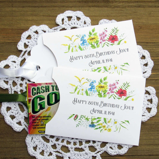 Floral Birthday Party Favors, slide a scratch off ticket in these cute envelopes to see who wins.  White envelopes with your choice of ribbon color, personalized for the guest of honor.