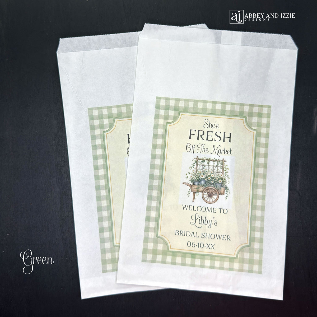 Our "Fresh Off The Market" bridal shower bags are the perfect keepsake for guests—ideal for holding treats, small gifts, or personalized tokens of appreciation.  Printed on white bags with your choice of blue or green flower carts.  Personalized with the brides name and shower date.