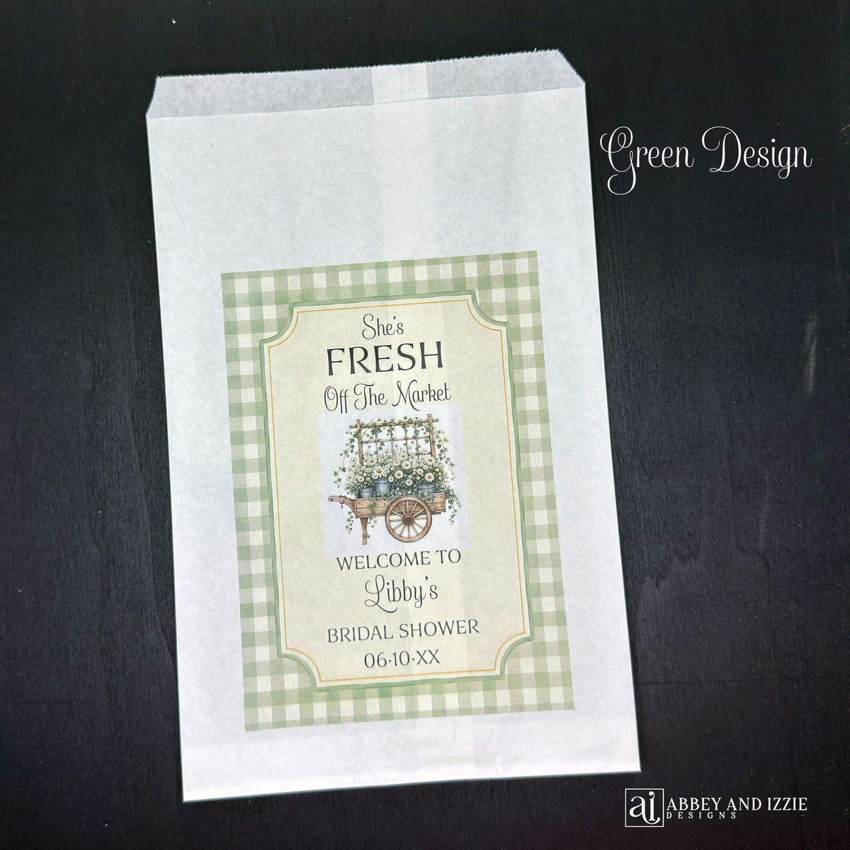 Our "Fresh Off The Market" bridal shower bags are the perfect keepsake for guests—ideal for holding treats, small gifts, or personalized tokens of appreciation.  Printed on white bags with your choice of blue or green flower carts.  Personalized with the brides name and shower date.