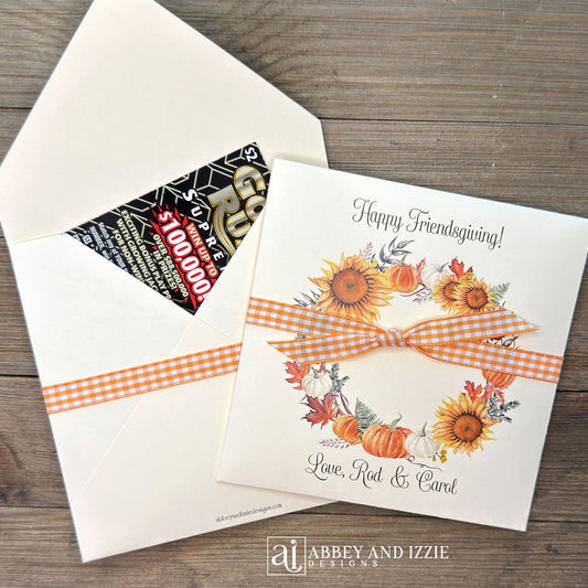 Perfect for your Friendsgiving gathering, these custom Thanksgiving guest favors add a personal touch to your celebration. Customize with your name(s) to thank your guests for sharing the holiday with you. 
