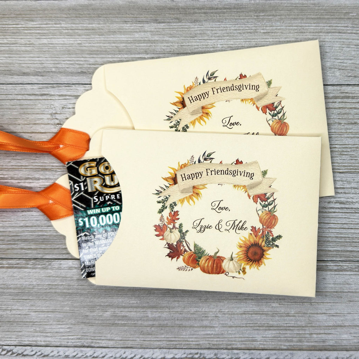 Personalized - Fun  Friendsgiving Favors printed on ivory card stock with ribbon which comes attached.  Fun favors for your Thanksgiving table, slide a lotto ticket in each one to see who wins. 