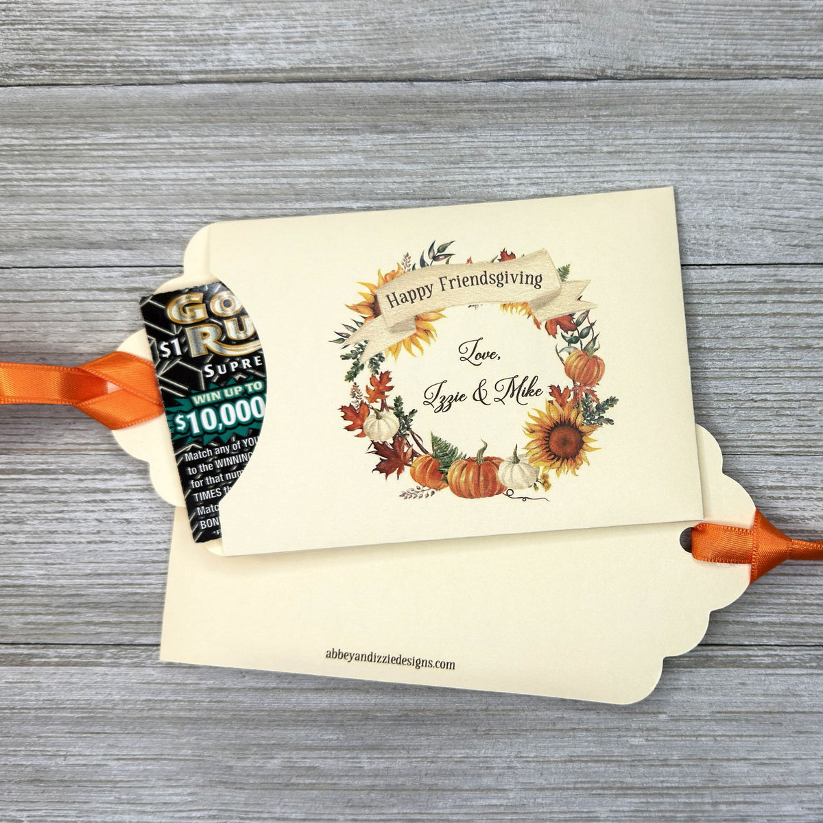 Personalized - Fun  Friendsgiving Favors printed on ivory card stock with ribbon which comes attached.  Fun favors for your Thanksgiving table, slide a lotto ticket in each one to see who wins. 