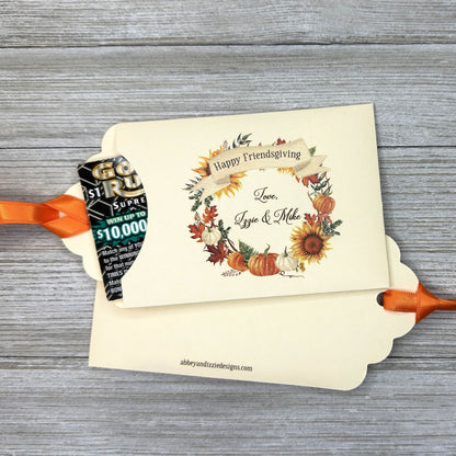 Personalized - Fun  Friendsgiving Favors printed on ivory card stock with ribbon which comes attached.  Fun favors for your Thanksgiving table, slide a lotto ticket in each one to see who wins. 