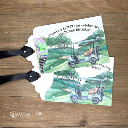 Golf theme birthday party favors, slide a lotto ticket in these cute envelopes for a fun favor.  Printed on white card stock with a black ribbon attached, these are adorned with a golf scene and are personalized for the guest of honor.