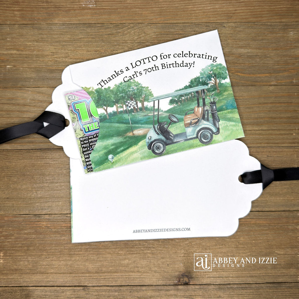 Golf theme birthday party favors, slide a lotto ticket in these cute envelopes for a fun favor.  Printed on white card stock with a black ribbon attached, these are adorned with a golf scene and are personalized for the guest of honor.