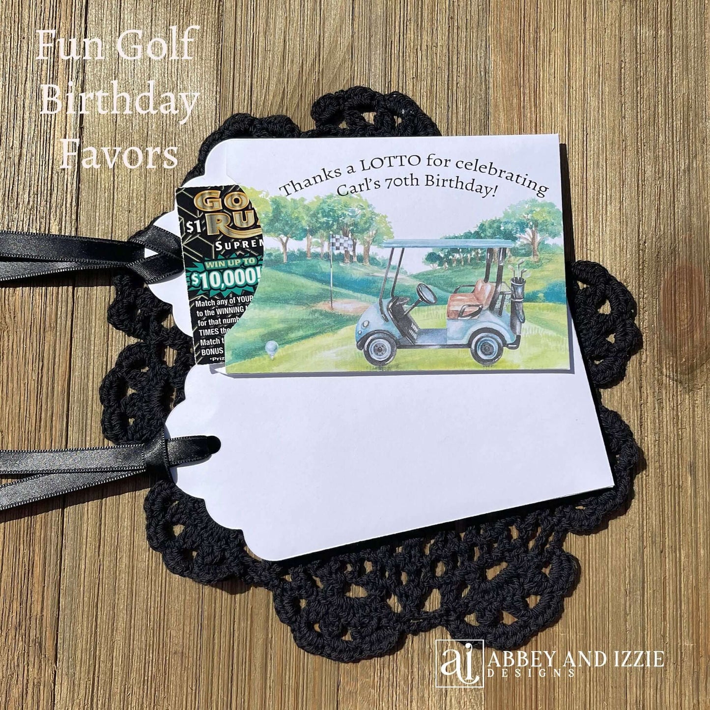 Golf theme birthday party favors, slide a lotto ticket in these cute envelopes for a fun favor.  Printed on white card stock with a black ribbon attached, these are adorned with a golf scene and are personalized for the guest of honor.