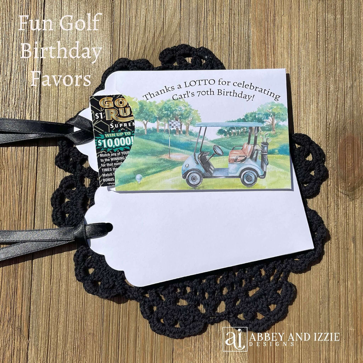 Golf theme birthday party favors, slide a lotto ticket in these cute envelopes for a fun favor.  Printed on white card stock with a black ribbon attached, these are adorned with a golf scene and are personalized for the guest of honor.
