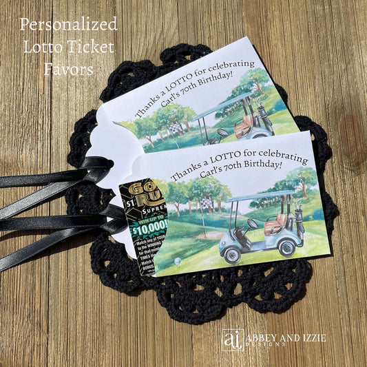 Golf theme birthday party favors, slide a lotto ticket in these cute envelopes for a fun favor.  Printed on white card stock with a black ribbon attached, these are adorned with a golf scene and are personalized for the guest of honor.