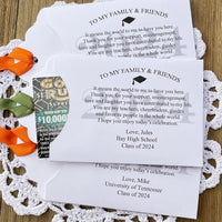 The best graduation favors to thank you guests for celebrating with you. Personalized for the graduates special day printed on white card stock your choice of ribbon color. Easy grad party favors, slide a lotto ticket in to see who wins big.