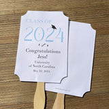 Personalized graduation favor fans to keep guest cool and a fun keepsake to take home. Each printed on white card stock, ship fully assembled, two sided with handle hidden between.