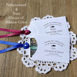 Fun graduation party favors. Lotto ticket envelopes personalized for the graduate with your choice of ribbon color.  Fun graduation favors for everyone to enjoy.  