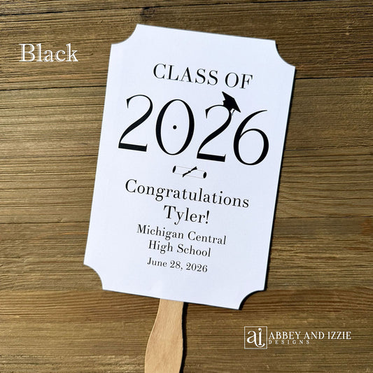  Personalized Graduation Fansto keep guest cool and a fun keepsake to take home. Each printed on white card stock, ship fully assembled, two sided with handle hidden between.  Your choice of year color.
