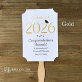  Personalized Graduation Fansto keep guest cool and a fun keepsake to take home. Each printed on white card stock, ship fully assembled, two sided with handle hidden between.  Your choice of year color.