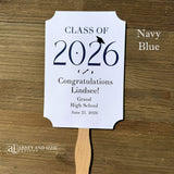  Personalized Graduation Fansto keep guest cool and a fun keepsake to take home. Each printed on white card stock, ship fully assembled, two sided with handle hidden between.  Your choice of year color.