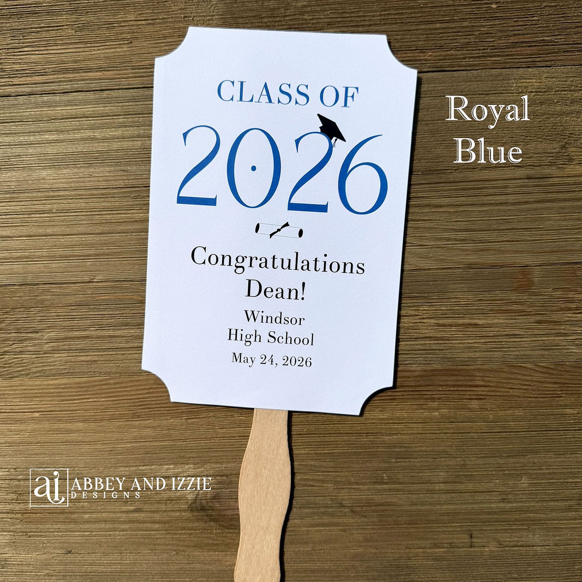 Personalized Graduation Fansto keep guest cool and a fun keepsake to take home. Each printed on white card stock, ship fully assembled, two sided with handle hidden between.  Your choice of year color.