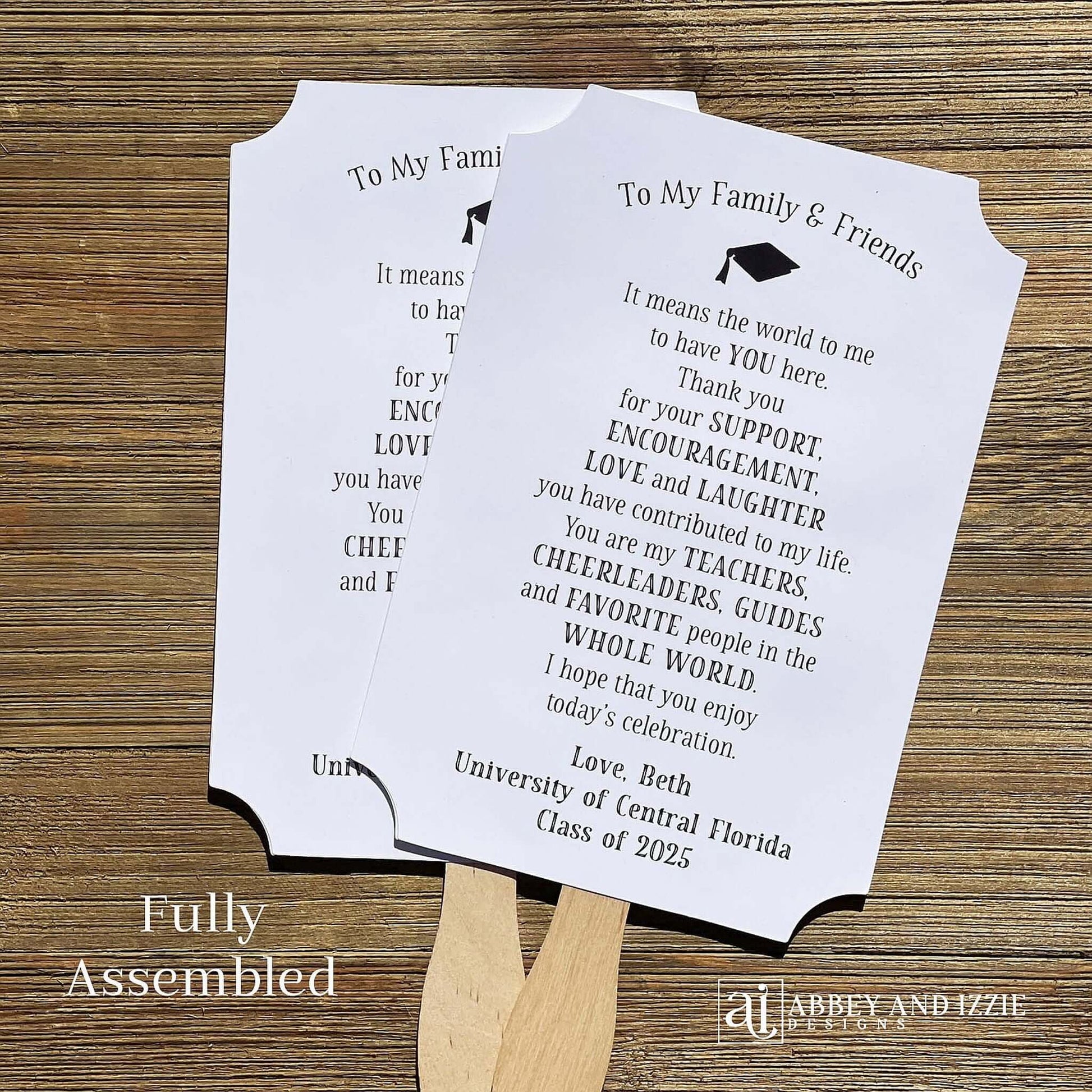 Graduation Party Fans Personalized for the guest of honor. Printed on white card stock, two sided with handle hidden adorned with a sweet thank you to your guests.