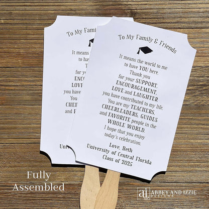 Graduation Party Fans Personalized for the guest of honor. Printed on white card stock, two sided with handle hidden adorned with a sweet thank you to your guests.