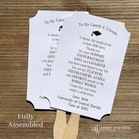 Graduation party favor fans personalized for the guest of honor. Printed on white card stock, two sided with handle hidden adorned with a sweet thank you to your guests.