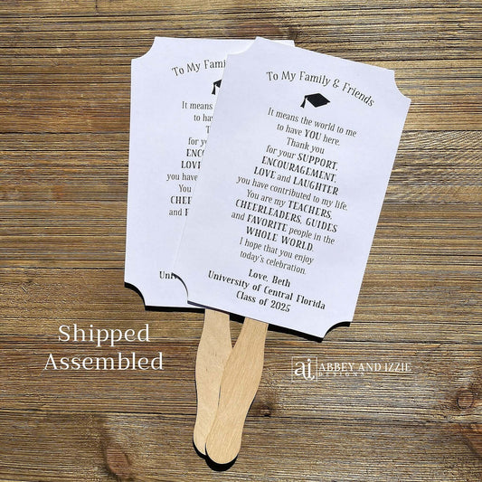 Graduation Party Fans Personalized for the guest of honor. Printed on white card stock, two sided with handle hidden adorned with a sweet thank you to your guests.