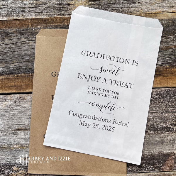 Graduation is sweet enjoy a treat favor bags, personalized for the guest of honor.  Your choice of white or brown bags.  