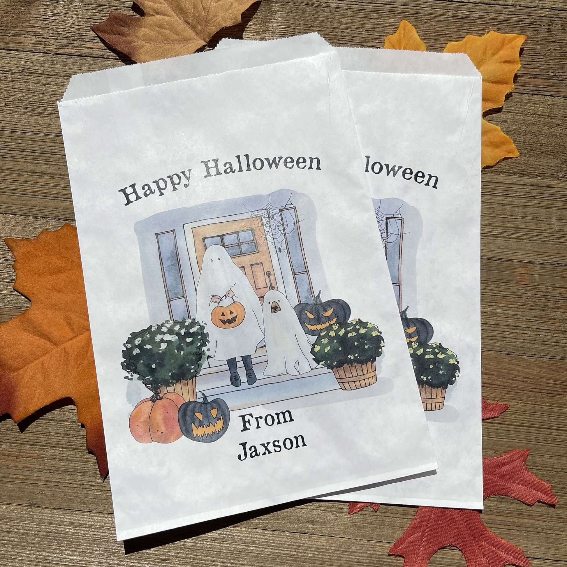 Fill these adorable Halloween Candy Bags Personalized to the brim for trick or treat or trunk or treat.  Personalzied candy bags that can be used for business promotion at Halloween.  