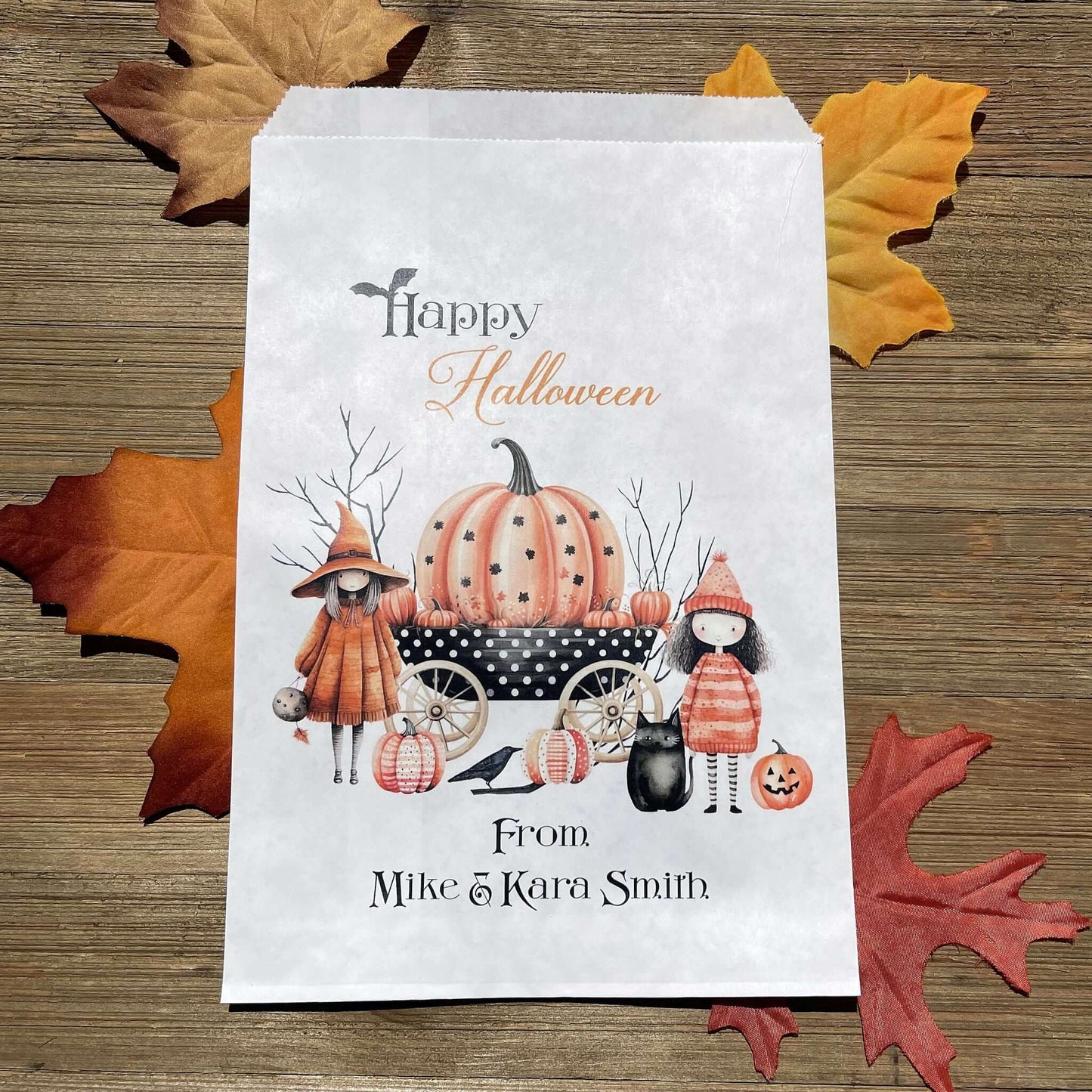  White paper bags, Personalized Halloween Candy Bags, adorned with cute witches these can be used for trick or treat bags or trunk or treat bags.  Also can personalized for a business promotion to hand out at Halloween