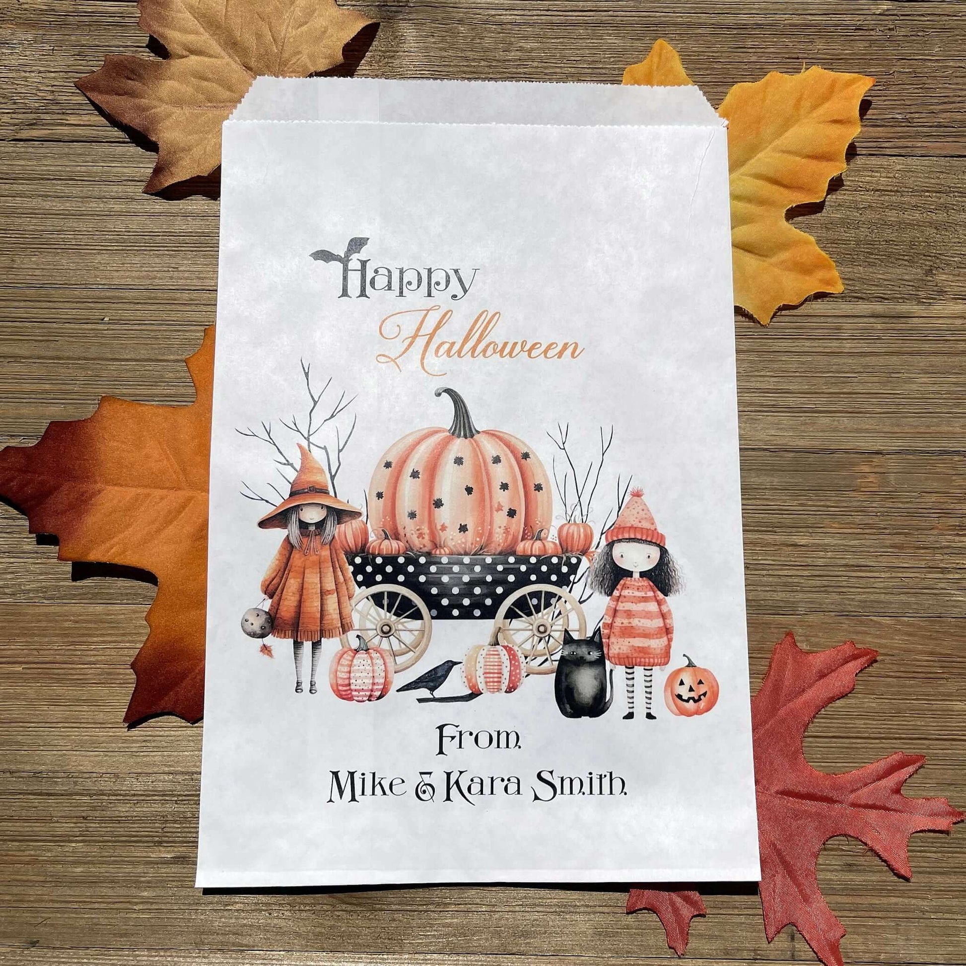  White paper bags, Personalized Halloween Candy Bags, adorned with cute witches these can be used for trick or treat bags or trunk or treat bags.  Also can personalized for a business promotion to hand out at Halloween