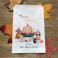 White paper bags personalized for Halloween, adorned with cute witches these can be used for trick or treat bags or trunk or treat bags. Also can personalized for a business promotion to hand out at Halloween.