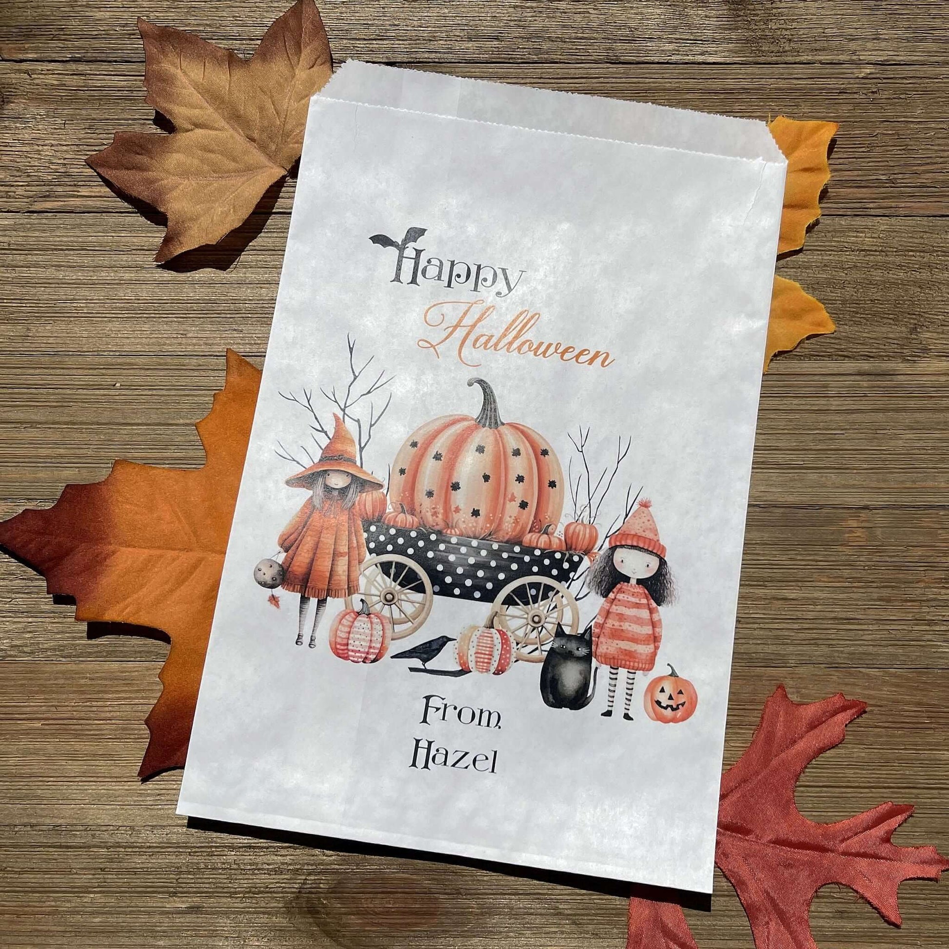 White paper bags, Personalized Halloween Candy Bags, adorned with cute witches these can be used for trick or treat bags or trunk or treat bags.  Also can personalized for a business promotion to hand out at Halloween