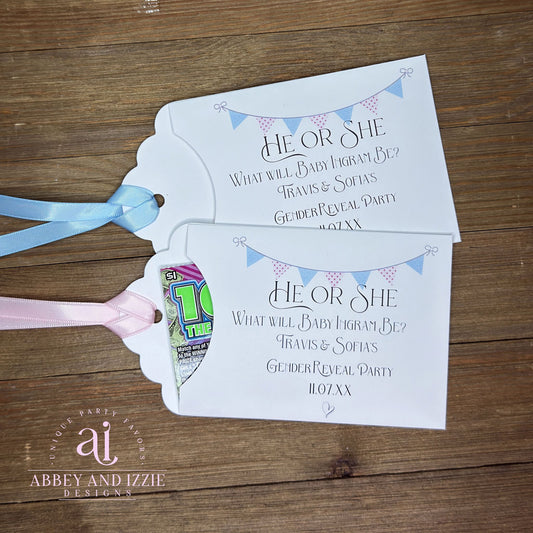 Celebrate the big announcement with charming personalized baby gender reveal party favors. Each favor features elegant pink and blue flags and can be customized with baby name and parents to be plus date of your event, perfect for adding a personal touch to your special day. Slide a lottery ticket in the open end for a fun party favor!