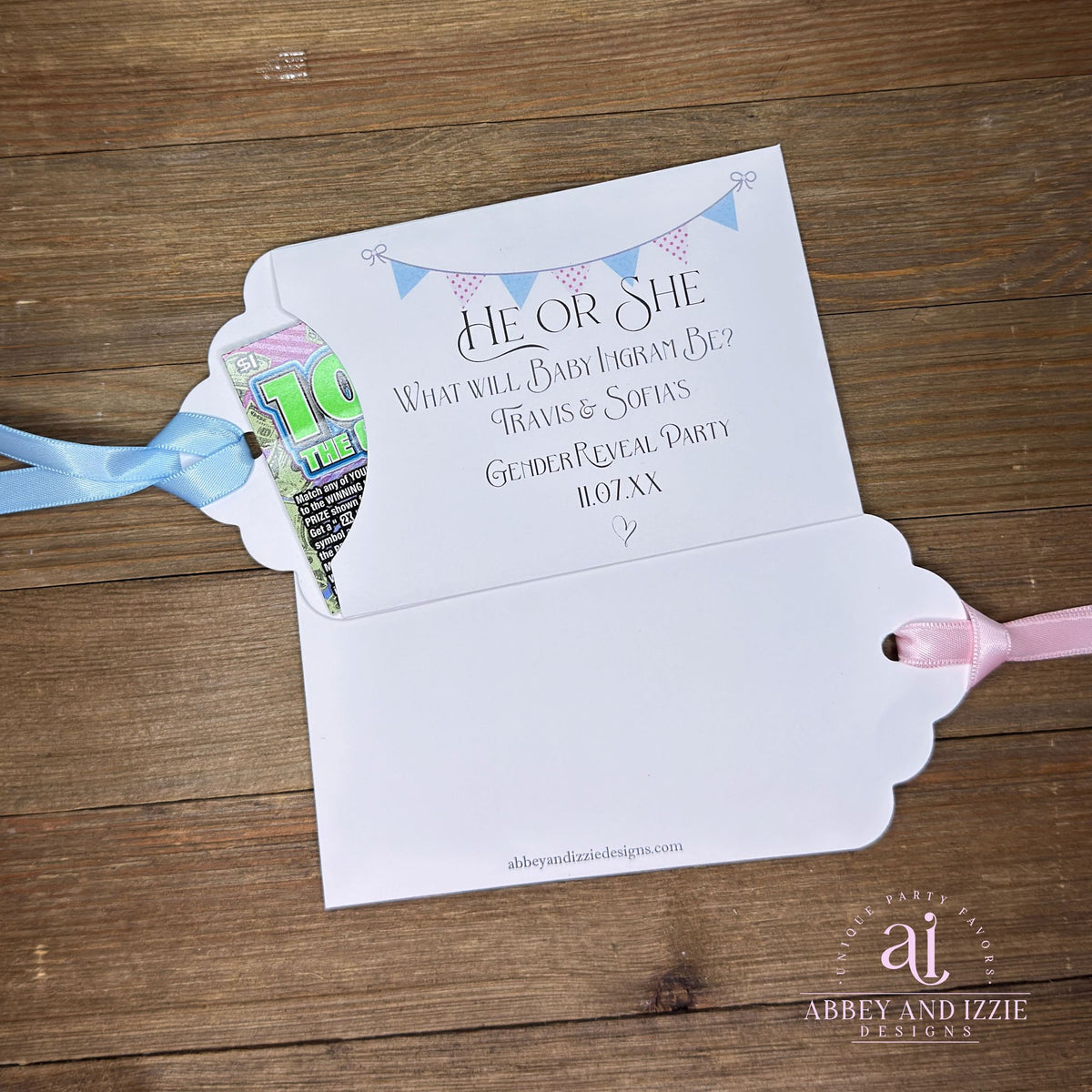Celebrate the big announcement with charming personalized baby gender reveal party favors. Each favor features elegant pink and blue flags and can be customized with baby name and parents to be plus date of your event, perfect for adding a personal touch to your special day.&nbsp; Slide a lottery ticket in the open end for a fun party favor!