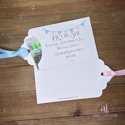 Celebrate the big announcement with charming personalized baby gender reveal party favors. Each favor features elegant pink and blue flags and can be customized with baby name and parents to be plus date of your event, perfect for adding a personal touch to your special day.&nbsp; Slide a lottery ticket in the open end for a fun party favor!