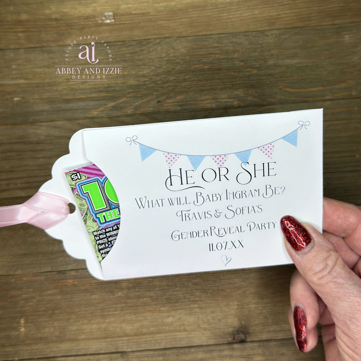 Celebrate the big announcement with charming personalized baby gender reveal party favors. Each favor features elegant pink and blue flags and can be customized with baby name and parents to be plus date of your event, perfect for adding a personal touch to your special day.&nbsp; Slide a lottery ticket in the open end for a fun party favor!