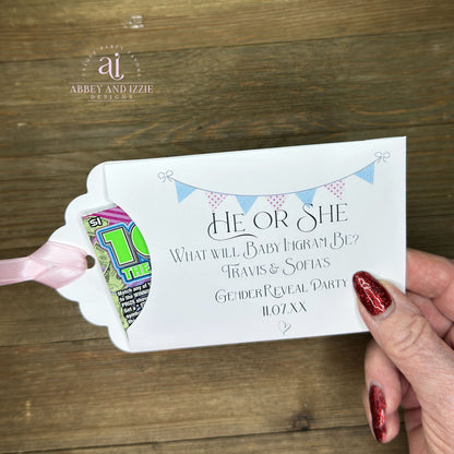 Celebrate the big announcement with charming personalized baby gender reveal party favors. Each favor features elegant pink and blue flags and can be customized with baby name and parents to be plus date of your event, perfect for adding a personal touch to your special day.&nbsp; Slide a lottery ticket in the open end for a fun party favor!