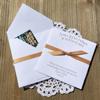 Our golden anniversary favors are personalized for that special couple.  Printed on white cardstock with a ribbon attached these can be made for any anniversary.  