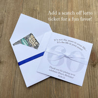 Lottery ticket birthday favors, slide a lotto ticket in these personalized envelopes to see which guest wins.  Envelopes are large and come personalized for any birthday year.  Your choice of envelope and ribbon color.
