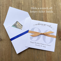 Lottery ticket birthday party favors, personalized envelopes , slide a scratch off lotto in to see which guest wins big.  Your choice of ribbon color which comes attached.  Your choice of envelope color.
