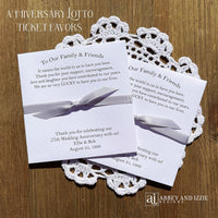 Personalized silver anniversary party favors that are sure to impress your guests.  Printed on white card stock with silver ribbon attached, thank your guests for coming with these elegant favors.