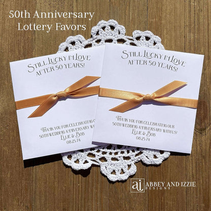 Wedding Anniversary Party Favors Personalized for that special couple.  Printed on white cardstock with a ribbon attached these can be made for any anniversary.  