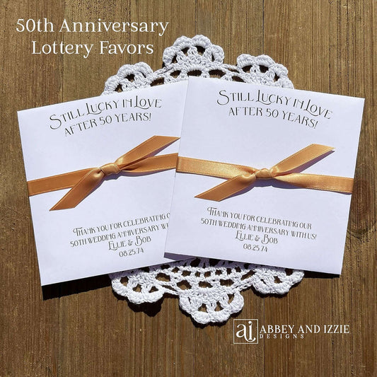 Wedding Anniversary Party Favors Personalized for that special couple.  Printed on white cardstock with a ribbon attached these can be made for any anniversary.  