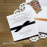 Our Personalized Adult Birthday Party Favors, lottery ticket envelopes will be the hit at your party.  Personalized for the guest of honor with a sweet message to the guests and thanking them for celebrating with you.  Printed on white card stock, your choice of ribbon color which comes attached.  