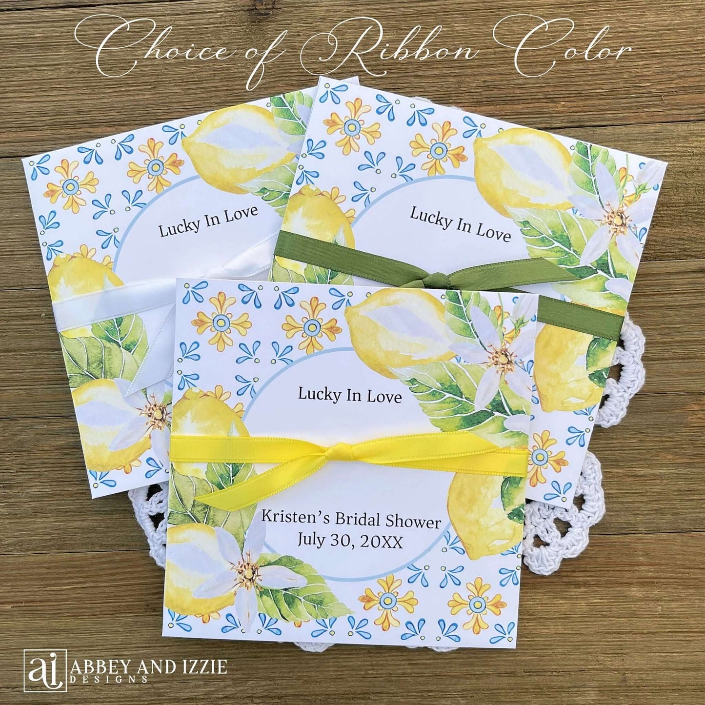 Add some fun to your bridal shower with our Personalized Lemon Bridal Shower Favors .  Slide a scratch off ticket in and see who wins.  Printed on white cardstock and adorned with blue tiles and lemons these will be a elegant addition to your Italian themed wedding shower.  Personalzied for the bride to be with your choice of ribbon color.