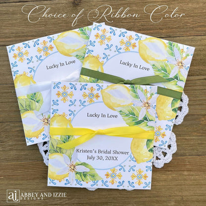 Add some fun to your bridal shower with our Personalized Lemon Bridal Shower Favors .  Slide a scratch off ticket in and see who wins.  Printed on white cardstock and adorned with blue tiles and lemons these will be a elegant addition to your Italian themed wedding shower.  Personalzied for the bride to be with your choice of ribbon color.