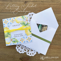 Lottery ticket envelopes personalized wedding favors adorned with lemons and blue tiles to match your Amalfi Coast theme.  Printed on white cardstock with ribbon attached for an elegant touch.